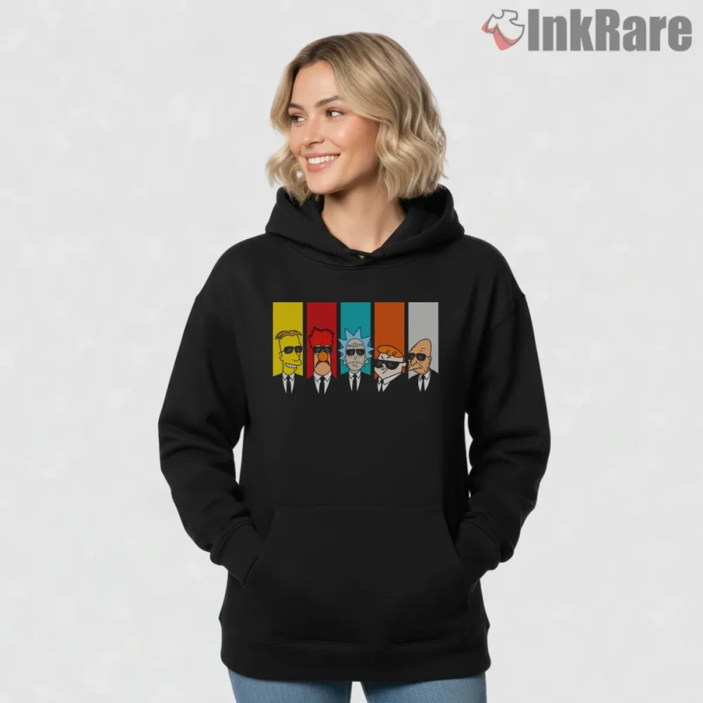 Reservoir Scientists Cartoon Genius Mashup Parody Shirt on black hoodie for women graphic tee
