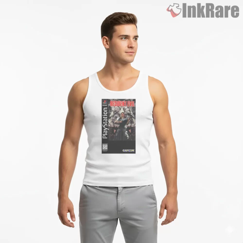 Resident Evil 1996 Box Cover Tribute Shirt on white tank top for men graphic tee
