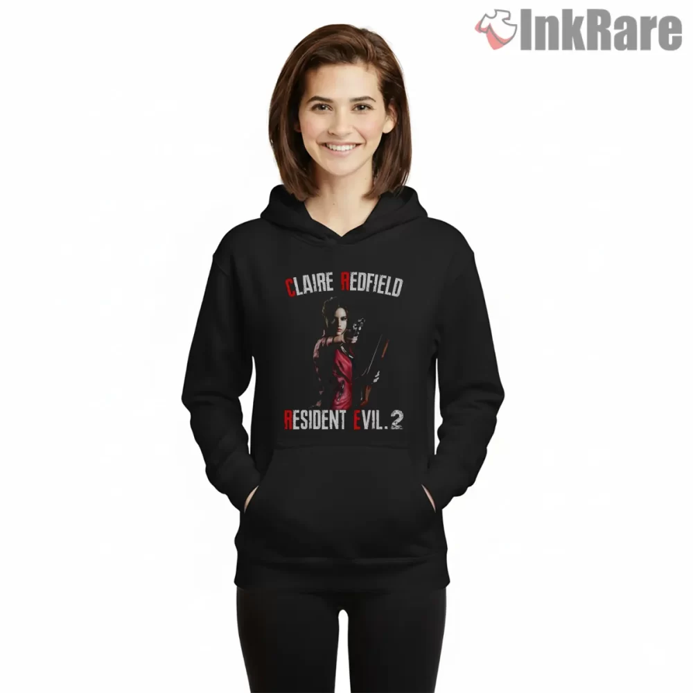 Resident Evil 2 Claire Redfield Survival Portrait Shirt on black hoodie for women graphic tee