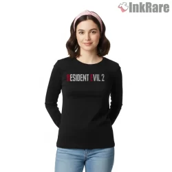 Resident Evil 2 Minimal Title Horror Shirt on black long sleeve shirt for women graphic tee