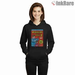 Resident Evil 2 Retro Bubble Gum Card Shirt on black hoodie for women graphic tee