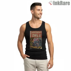 Resident Evil 2 Vintage Comic Cover Fan Art Shirt on black tank top for men graphic tee