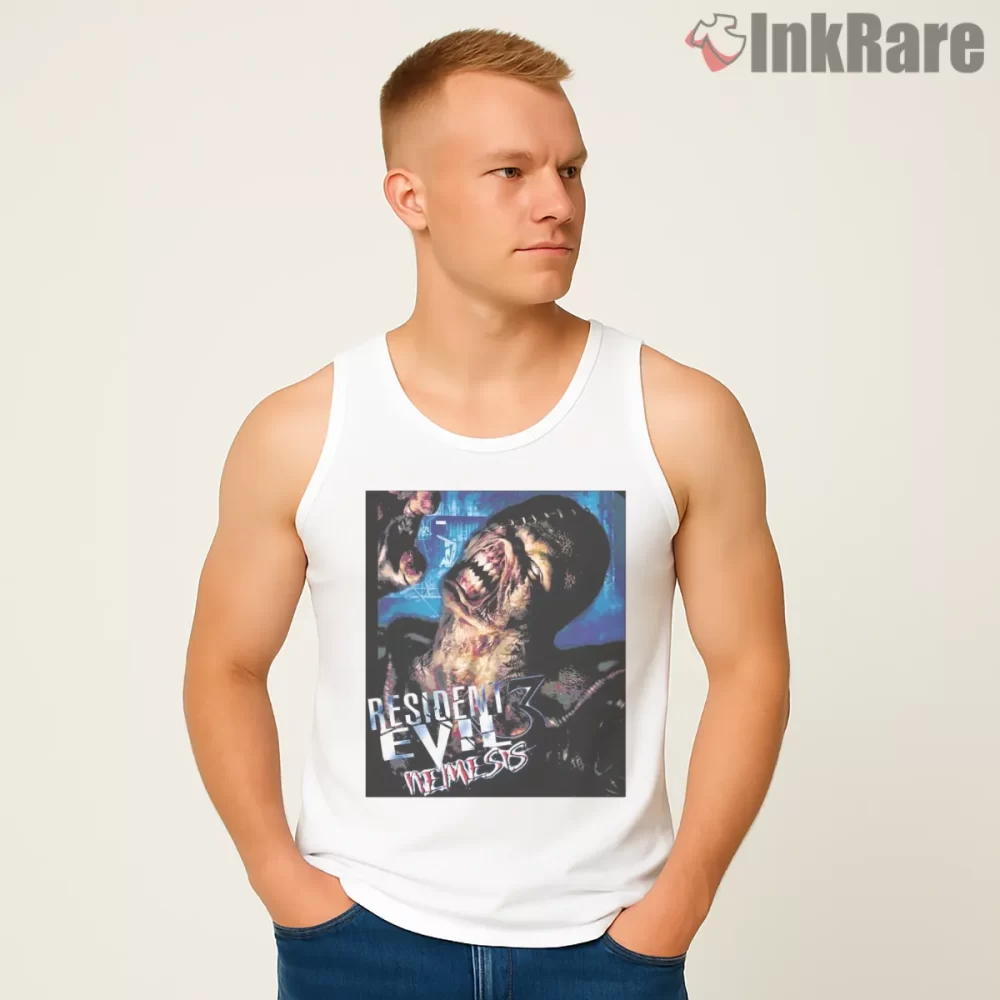Resident Evil 3 Nemesis Brutal Survival Horror Shirt on white tank top for men graphic tee