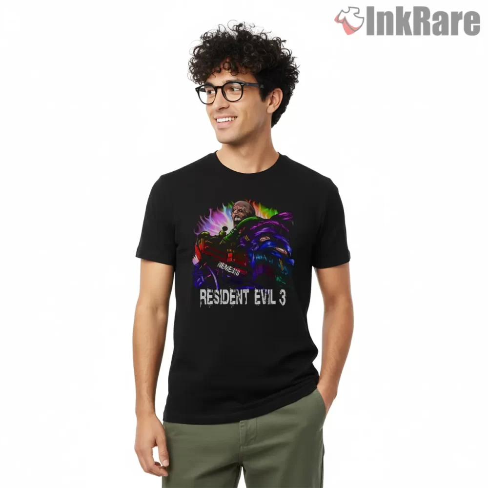 Resident Evil 3 Nemesis Remake Chaos Portrait Shirt on black short sleeve shirt for men graphic tee