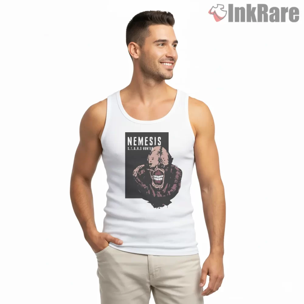 Resident Evil 3 Nemesis Stalker Horror Shirt on white tank top for men graphic tee