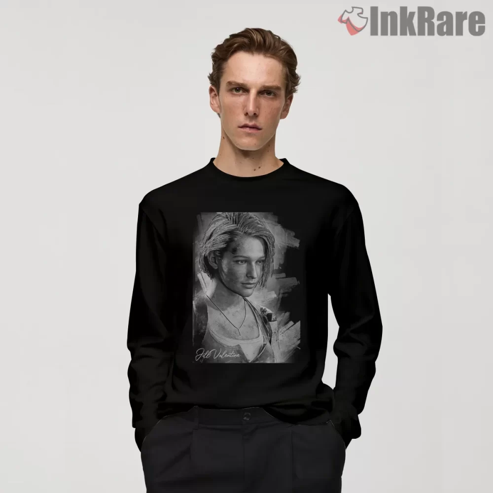 Resident Evil 3 Remake Jill Valentine Portrait Shirt on black long sleeve shirt for men graphic tee