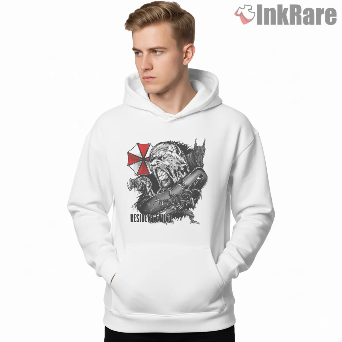 Resident Evil 3 Remake Nemesis Monster Assault Shirt on white hoodie for men graphic tee
