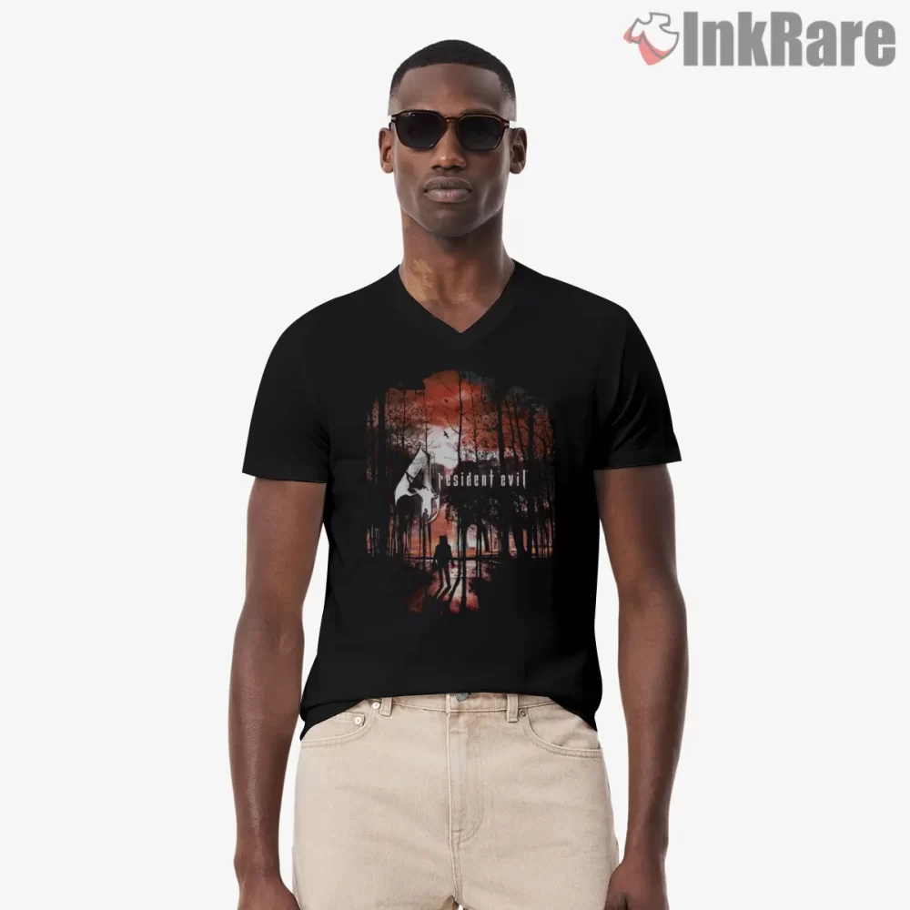 Resident Evil 4 Forest Horror Art Shirt on black v-neck shirt for men graphic tee