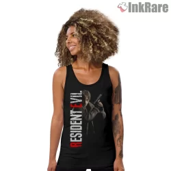 Resident Evil 4 Leon Kennedy Action Portrait Shirt on black tank top for women graphic tee