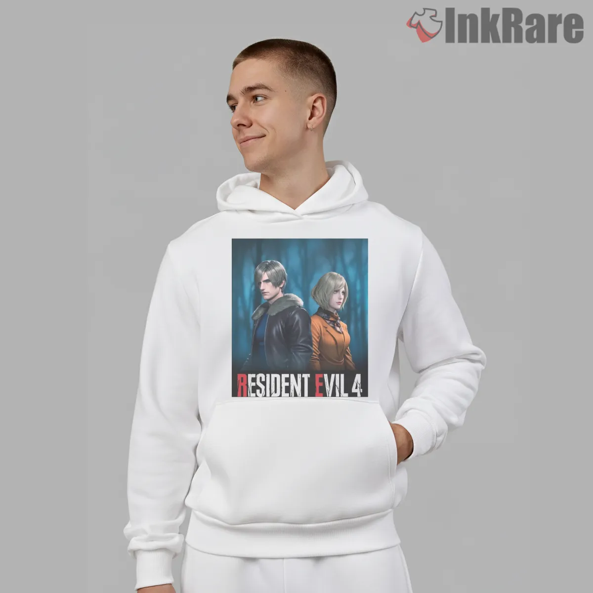 Resident Evil 4 Leon Kennedy And Ashley Graham Hoodie White Resident Evil 4 Leon Kennedy And Ashley Graham Shirt on white hoodie for men graphic tee