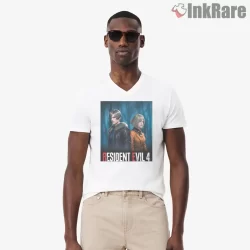 Resident Evil 4 Leon Kennedy And Ashley Graham Shirt on white v-neck shirt for men graphic tee