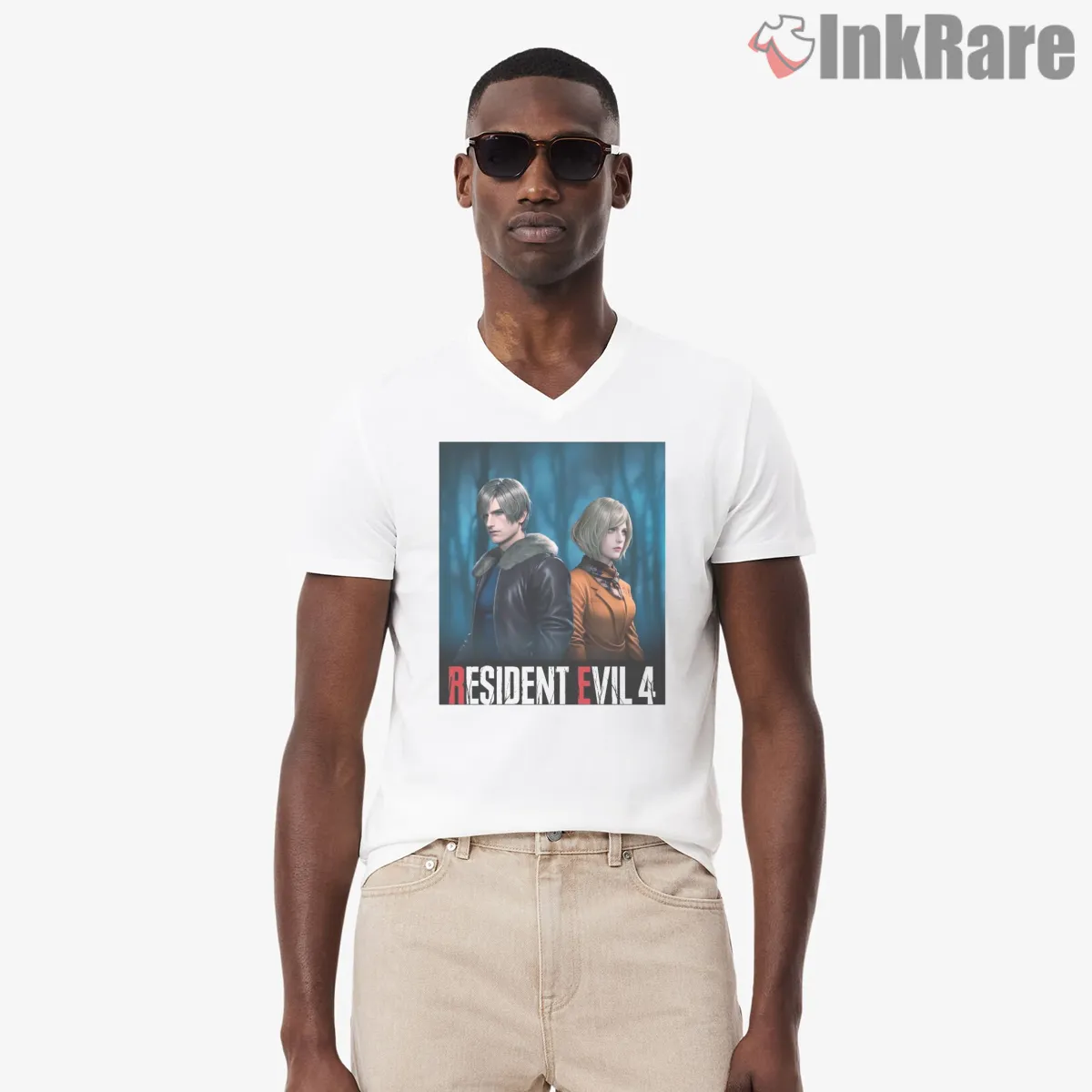 Resident Evil 4 Leon Kennedy And Ashley Graham V Neck White Resident Evil 4 Leon Kennedy And Ashley Graham Shirt on white v-neck shirt for men graphic tee