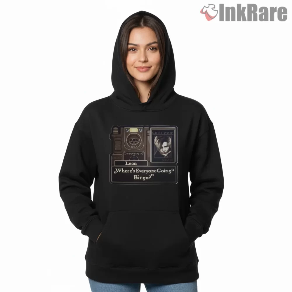 Resident Evil 4 Leon Kennedy Bingo Quote Pixel Shirt on black hoodie for women graphic tee
