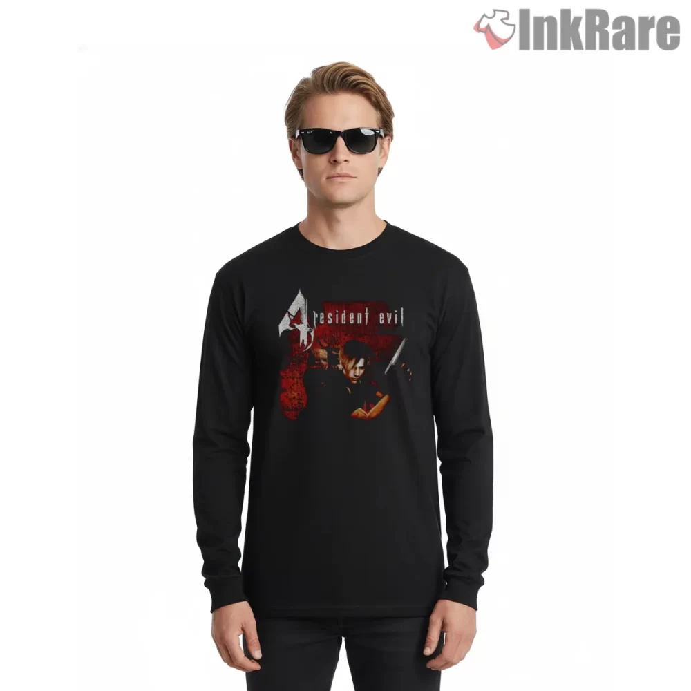 Resident Evil 4 Leon Kennedy Dark Action Shirt on black long sleeve shirt for men graphic tee