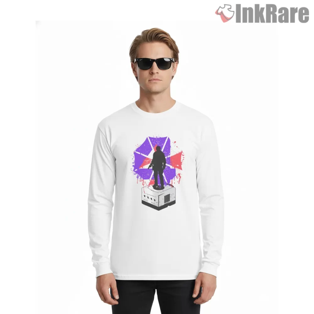 Resident Evil 4 Leon Kennedy Statue Tribute Shirt on white long sleeve shirt for men graphic tee