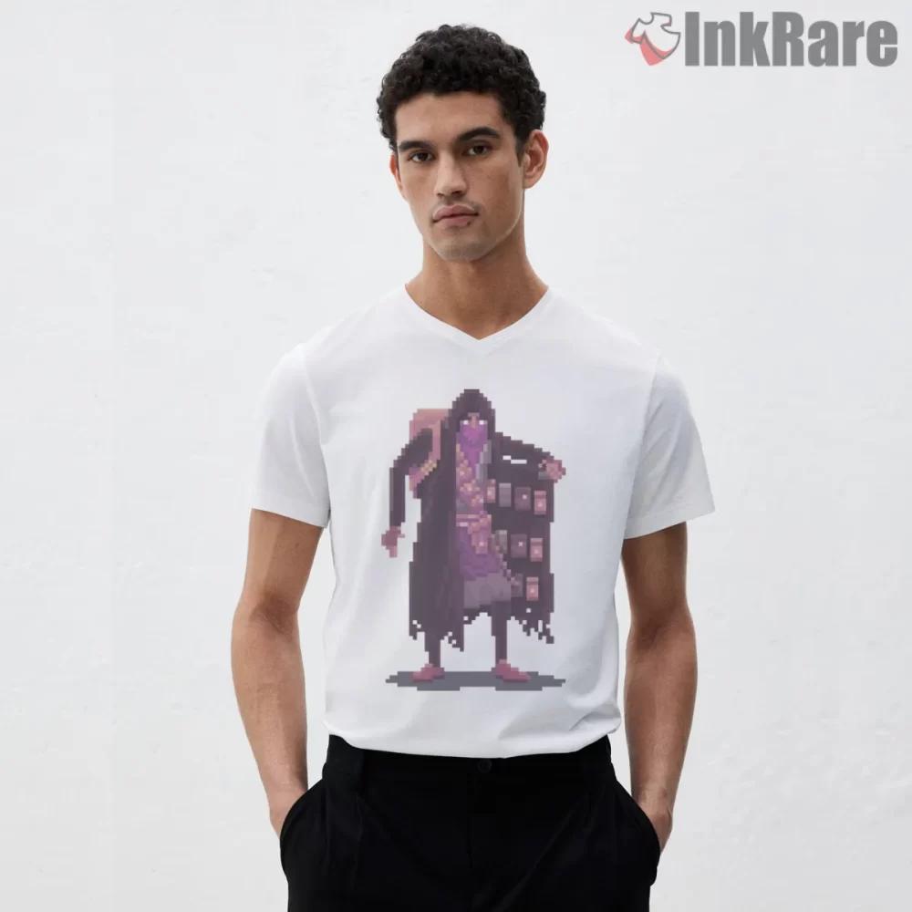 Resident Evil 4 Merchant Pixel Stranger Shirt on white v-neck shirt for men graphic tee