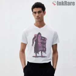 Resident Evil 4 Merchant Pixel Stranger Shirt on white v-neck shirt for men graphic tee