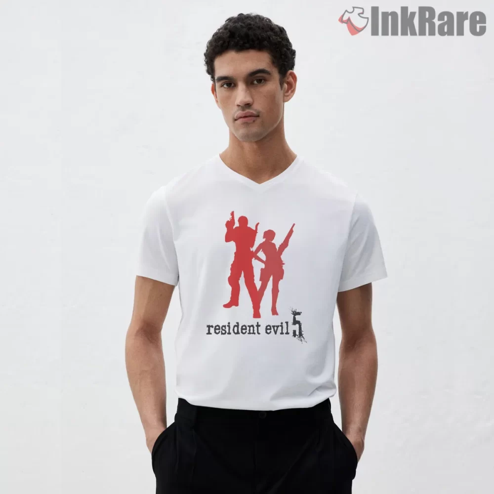 Resident Evil 5 Chris Redfield And Sheva Partners Shirt on white v-neck shirt for men graphic tee