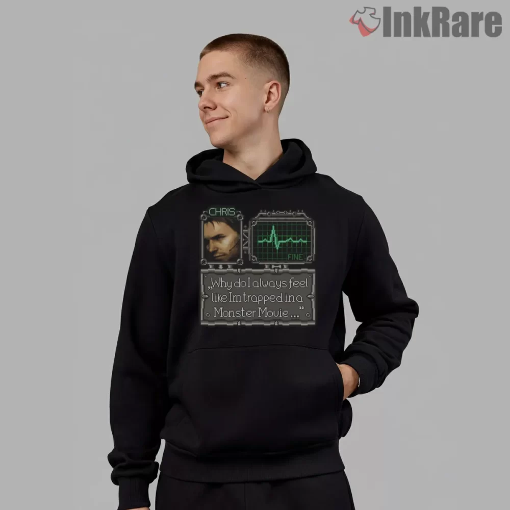 Resident Evil 5 Pixel Interface Horror Quote Shirt on black hoodie for men graphic tee