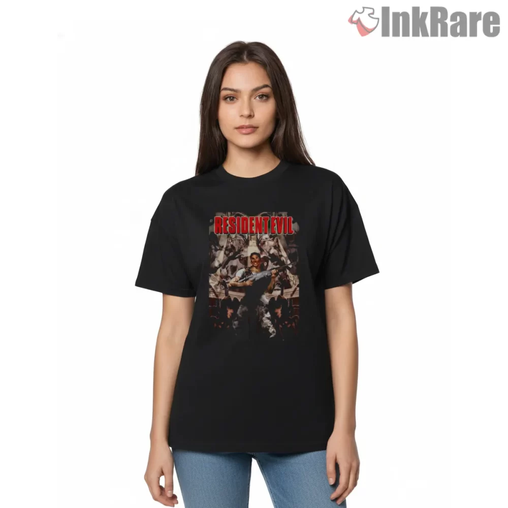 Resident Evil Action Ensemble Cover Art Shirt on black short sleeve shirt for women graphic tee