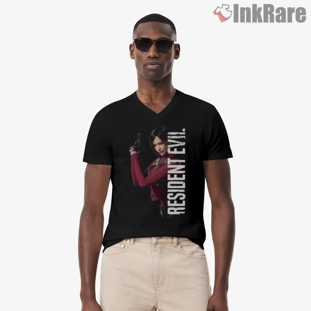 Resident Evil Ada Wong Stealth Action Portrait Shirt on black v-neck shirt for men graphic tee