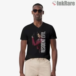 Resident Evil Ada Wong Stealth Action Portrait Shirt on black v-neck shirt for men graphic tee