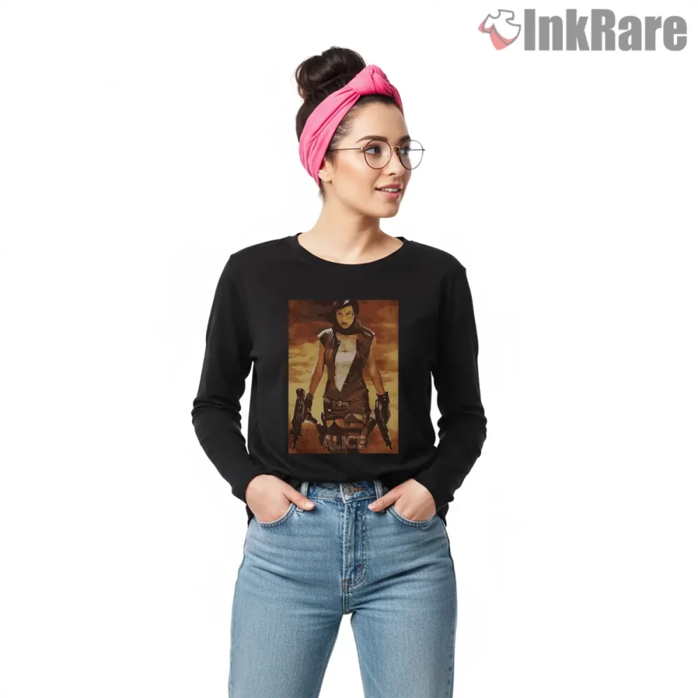 Resident Evil Alice Apocalypse Action Portrait Shirt on black long sleeve shirt for women graphic tee
