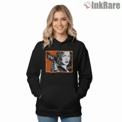 Resident Evil Alice Noir Pistol Portrait Shirt on black hoodie for women graphic tee
