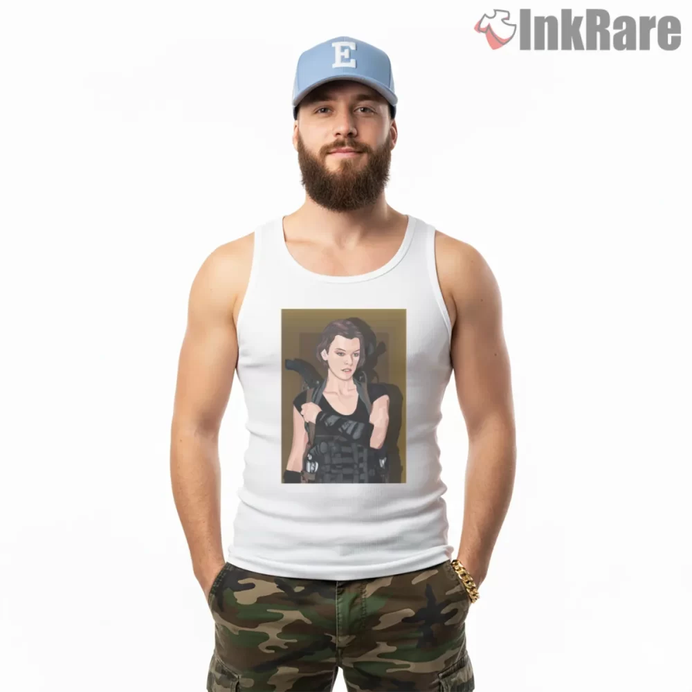 Resident Evil Alice Vector Action Portrait Shirt on white tank top for men graphic tee