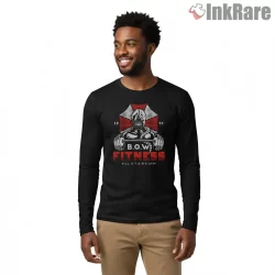 Resident Evil Bio Organic Weapon Fitness Parody Shirt on black long sleeve shirt for men graphic tee