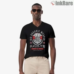 Resident Evil Bio Organic Weapon Nemesis Warning Emblem Shirt on black v-neck shirt for men graphic tee