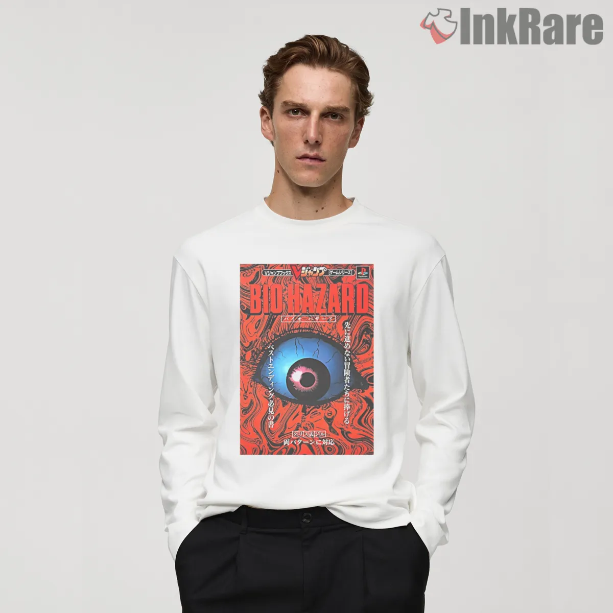 Resident Evil Biohazard Eye Symbol Shirt on white long sleeve shirt for men graphic tee