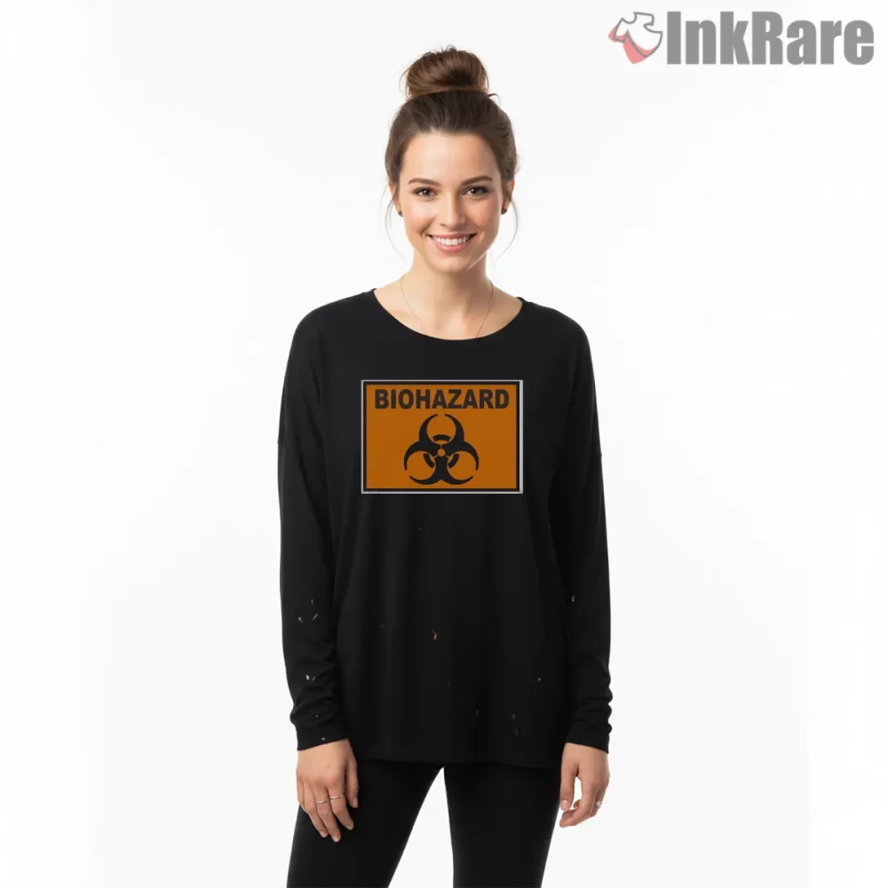Resident Evil Biohazard Warning Sign Shirt on black long sleeve shirt for women graphic tee