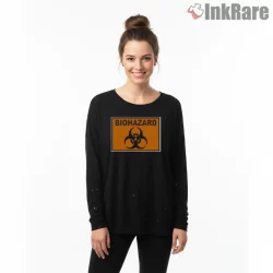 Resident Evil Biohazard Warning Sign Shirt on black long sleeve shirt for women graphic tee
