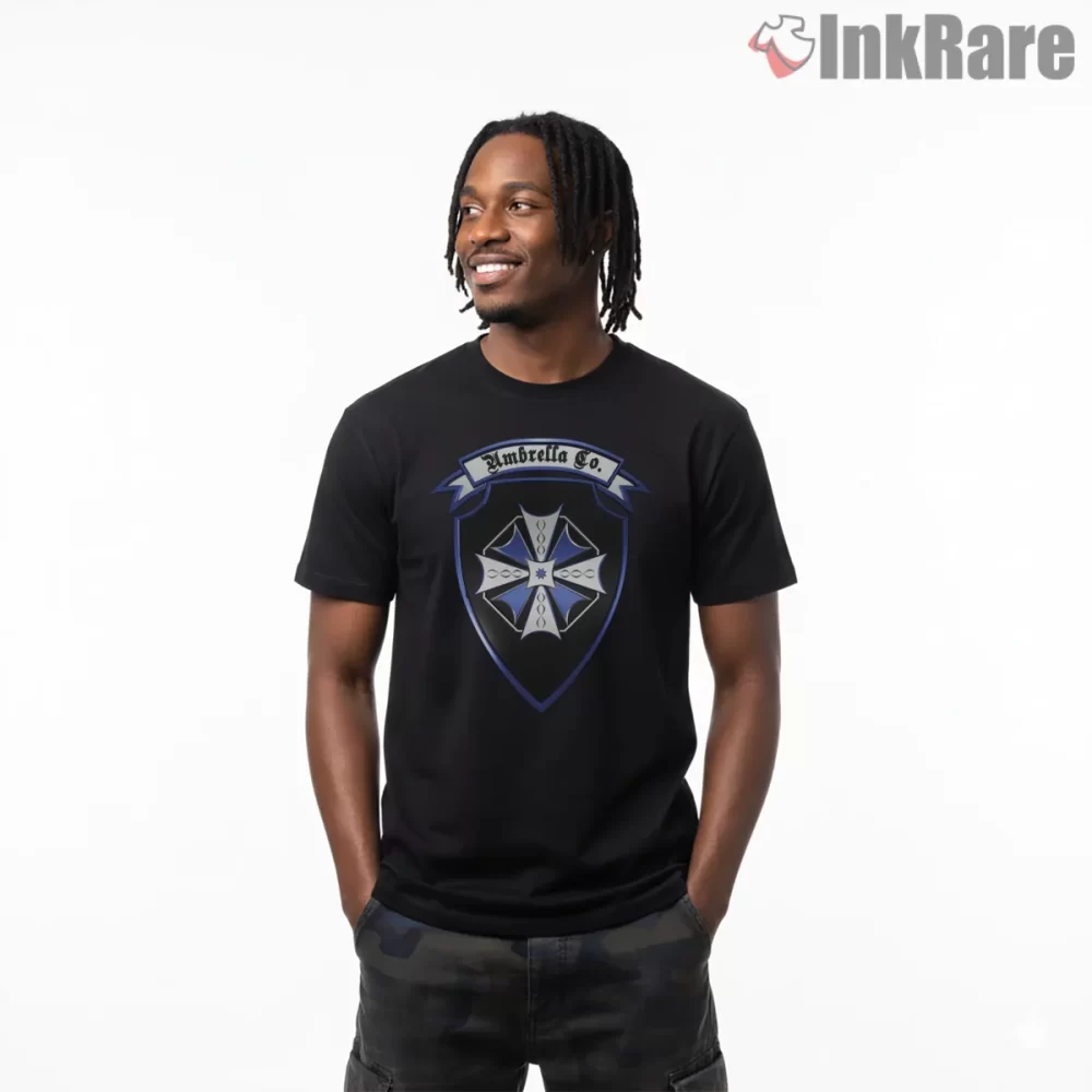 Resident Evil Blue Umbrella Corporate Crest Shirt on black short sleeve shirt for men graphic tee
