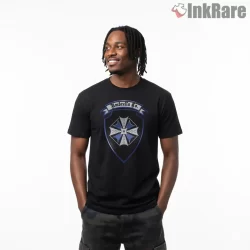 Resident Evil Blue Umbrella Corporate Crest Shirt on black short sleeve shirt for men graphic tee
