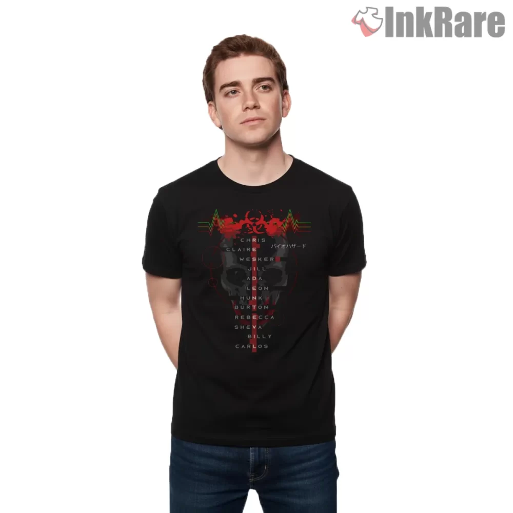 Resident Evil Character Network Horror Diagram Shirt on black short sleeve shirt for men graphic tee