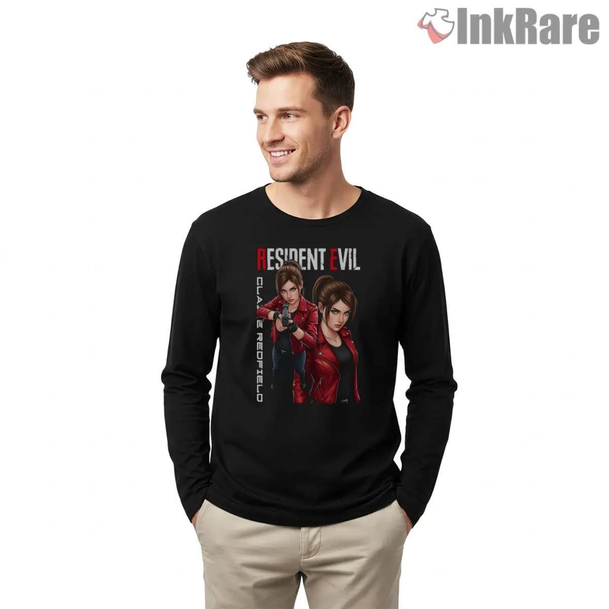 Resident Evil Claire Redfield Combat Fan Art Long Sleeve Black Resident Evil Claire Redfield Combat Fan Art Shirt on black long sleeve shirt for men graphic tee