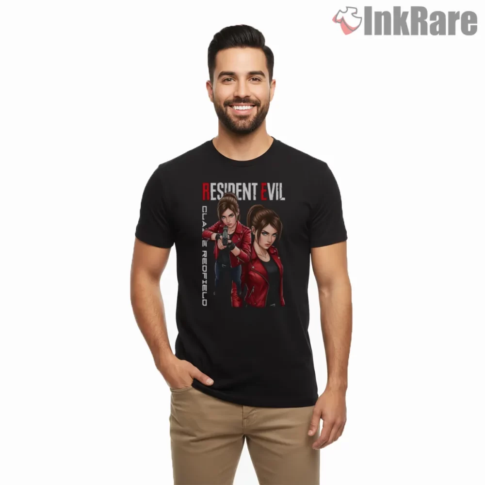 Resident Evil Claire Redfield Combat Fan Art Shirt on black short sleeve shirt for men graphic tee