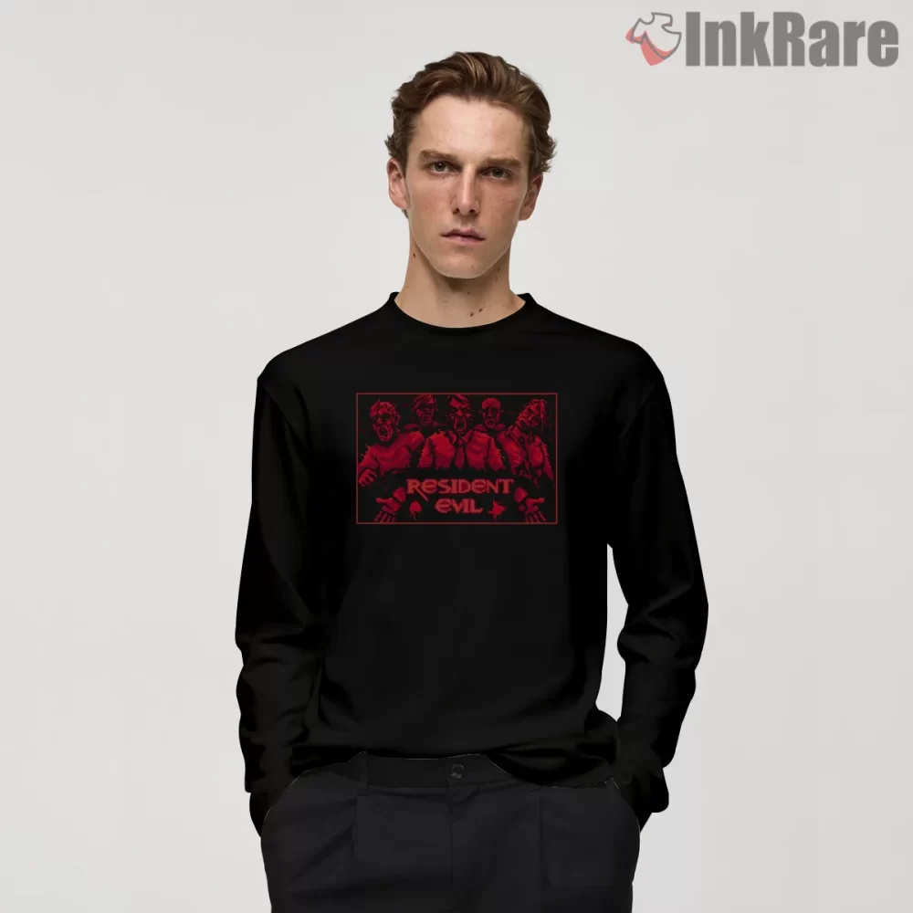Resident Evil Classic Pixel Horror Montage Shirt on black long sleeve shirt for men graphic tee