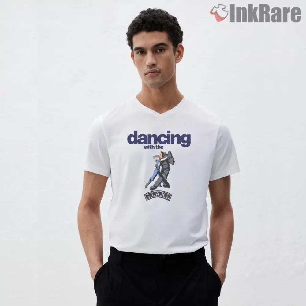 Resident Evil Dancing With The Stars Parody Shirt on white v-neck shirt for men graphic tee