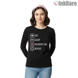 Resident Evil Eat Sleep Repeat Survival Routine Shirt on black long sleeve shirt for women graphic tee