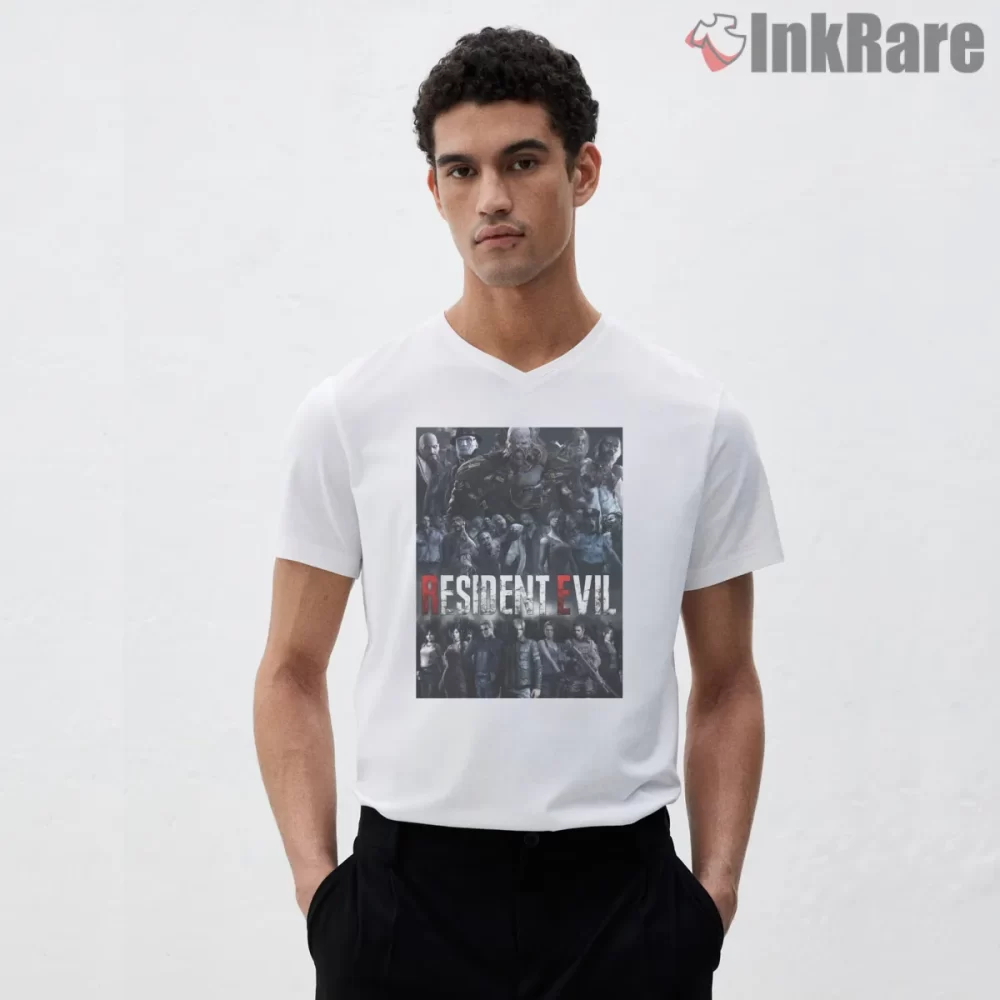 Resident Evil Ensemble Survivor Cast Shirt on white v-neck shirt for men graphic tee