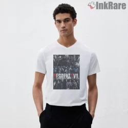 Resident Evil Ensemble Survivor Cast Shirt on white v-neck shirt for men graphic tee