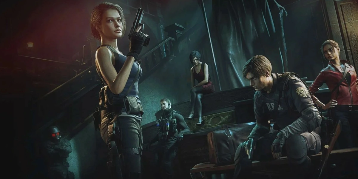 Iconic Resident Evil characters including Leon S. Kennedy, Jill Valentine, Claire Redfield, and Ada Wong in a dark cinematic scene