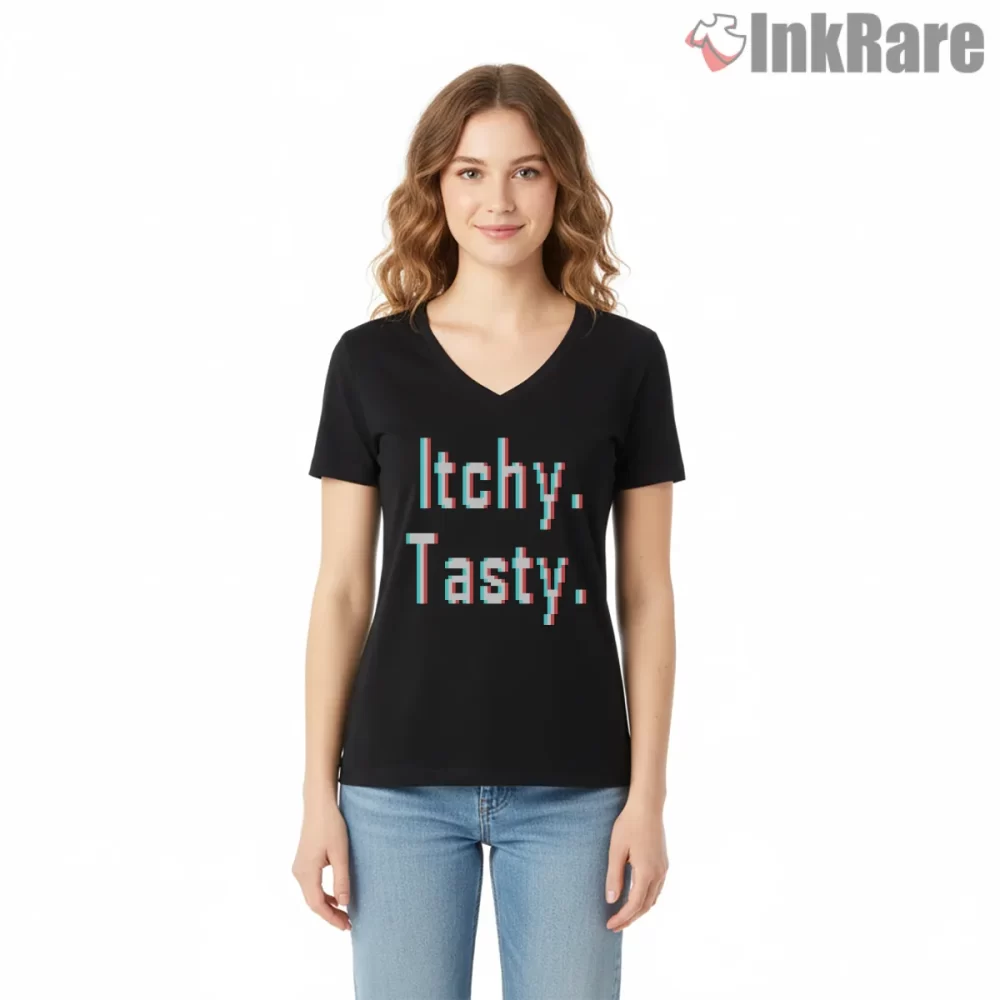 Resident Evil Itchy Tasty Glitch Text Shirt on black v-neck shirt for women graphic tee