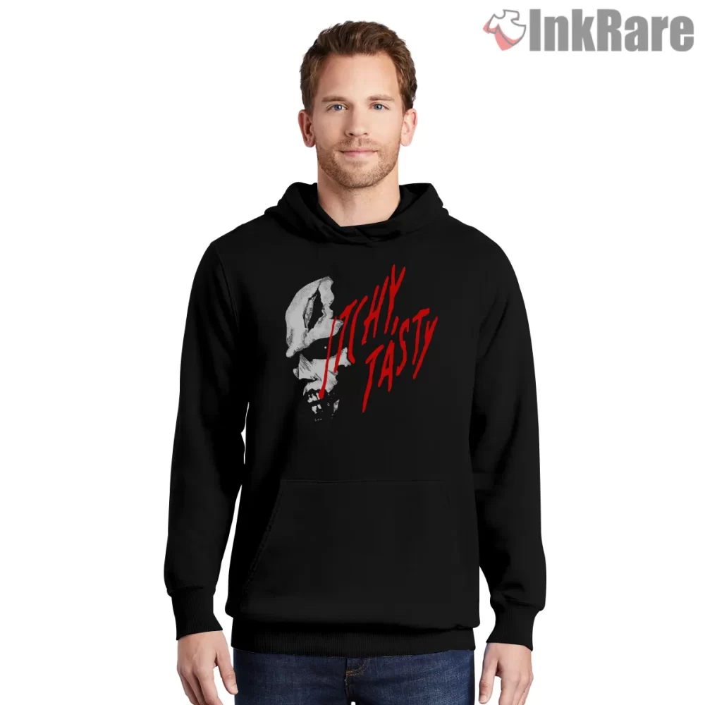 Resident Evil Itchy Tasty Red Graffiti Horror Shirt on black hoodie for men graphic tee
