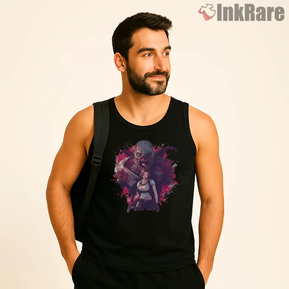Resident Evil Jill And Nemesis Clash Art Shirt on black tank top for men graphic tee