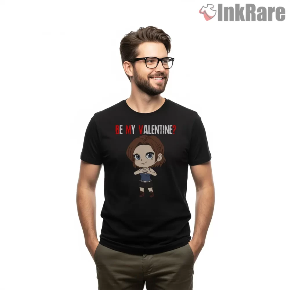 Resident Evil Jill Valentine Be My Valentine Chibi Shirt on black short sleeve shirt for men graphic tee