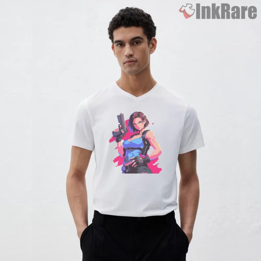 Resident Evil Jill Valentine Bold Neon Action Shirt on white v-neck shirt for men graphic tee